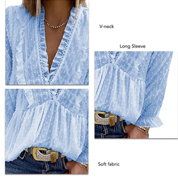 New Sky Blue Swiss Dot Chiffon V Neck Ruffle Blouse - Picture 3 of 10